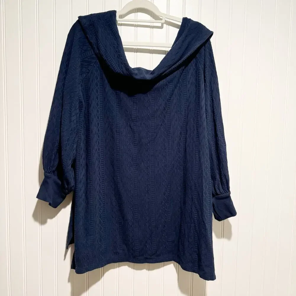 Anthropologie Navy Blue Cableknit Off The Shoulder Sweater Plus Size 1X - Picture 7 of 7